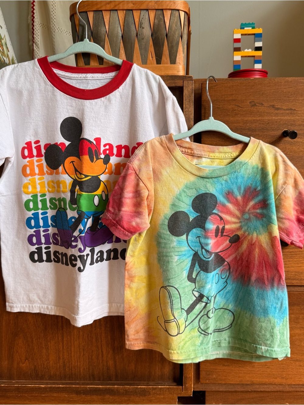 Disney Mickey Mouse Kids pair of t shirts one Tie-Dye one rainbow with red trim